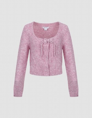 Pink Women's Urban Revivo Tie Front Crew Neck Knitted Cardigan | UNX6360VC