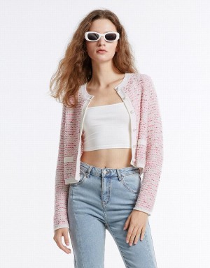 Pink Women's Urban Revivo Tweed Cardigan | RTU759LH