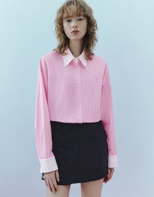 Pink Women's Urban Revivo Two Toned Striped Straight Shirts | VHJ9168KQ