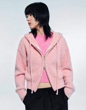 Pink Women's Urban Revivo Zipper Front Hooded Knitted Cardigan | NWW5132DS