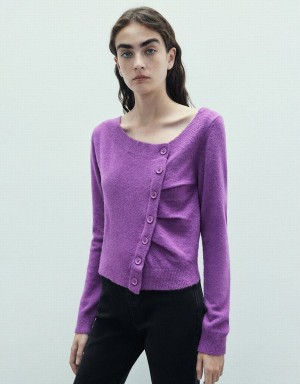 Purple Women's Urban Revivo Button Decor V-Neck Knitted Cardigan | MIE572OR