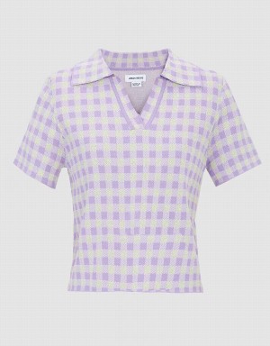 Purple Women's Urban Revivo Checkered Short Sleeve Knitted Top Cardigan | EHK1382EU