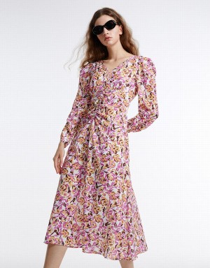 Purple Women's Urban Revivo Floral Chiffon Dress | CEN5266EF