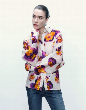 Purple Women's Urban Revivo Flower Printed Button Up Shirts | RCD645AL