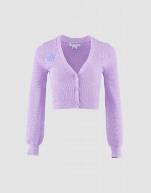 Purple Women's Urban Revivo Heart Embroidery Ribbed Knit Cardigan | MUT4499PV