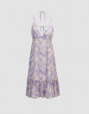 Purple Women's Urban Revivo Leaves Print Ruffle Hem Cami Dress | AFZ7060RF