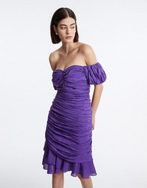 Purple Women's Urban Revivo Off Shoulder Ruched Ruffle Hem Dress | SFJ5262DI