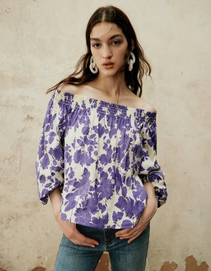 Purple Women's Urban Revivo Printed Off-Shoulder Overhead Blouse | XBV6122WH