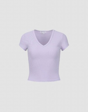 Purple Women's Urban Revivo Skinny V-Neck Knitted T Shirts | GXA6943SP