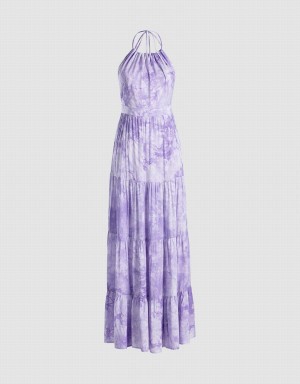 Purple Women's Urban Revivo Tie Dye Tiered Backless Halter Dress | XJV32DJ