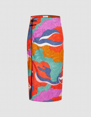 Red Women's Urban Revivo Colorblock Frog Button Split Hem Print Skirts | HUK9671AD