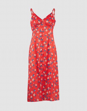 Red Women's Urban Revivo Floral Print Cami Midi Dress | SNS7174XI