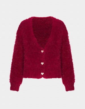 Red Women's Urban Revivo Heart Button Fluffy Cardigan | WHA1180IF