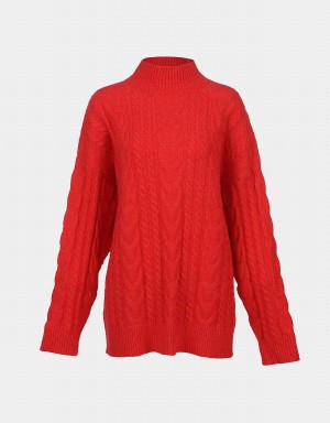 Red Women's Urban Revivo High Neck Cable Knit Holiday Sweaters | ULE3461TS