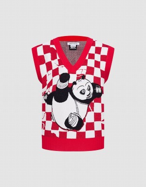 Red Women's Urban Revivo Kung Fu Panda Checkered Tank Top | NIK617VL