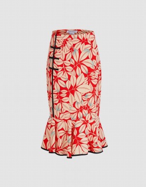 Red Women's Urban Revivo Leaves Print Frog Button Fishtail Skirts | MUG1111HA