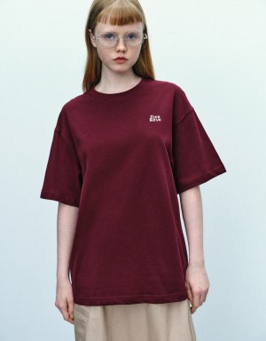 Red Women's Urban Revivo Letter Printed Loose T Shirts | DCX1456NG