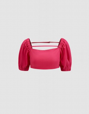 Red Women's Urban Revivo Puff Sleeve Crop Top T Shirts | CZQ73100TV