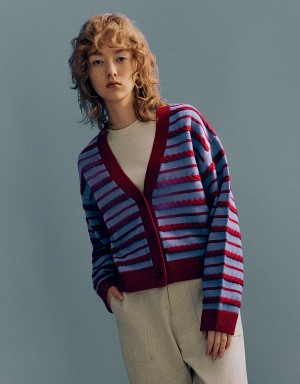 Red Women's Urban Revivo Striped V-Neck Knitted Cardigan | ZXO94HQ