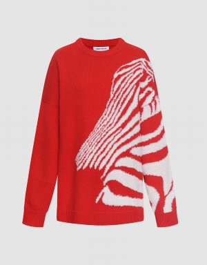 Red Women's Urban Revivo Zebra Striped Crew Neck Sweaters | GWP8244DS