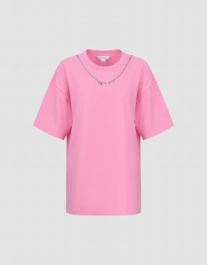 Rose Red Women's Urban Revivo Necklace Decor Crew Neck Loose T Shirts | DSX5095YG