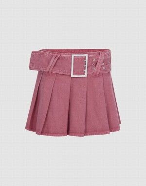 Rose Red Women's Urban Revivo Pleated Mini A-Line Denim Skirts | LXO4454IC