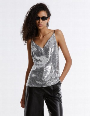 Silver Women's Urban Revivo Cut Out Back Sequin Camisole Tank Top | ZOL4486QO