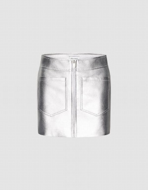 Silver Women's Urban Revivo Vegan Leather Mini A-Line Skirts | RIG4815MY