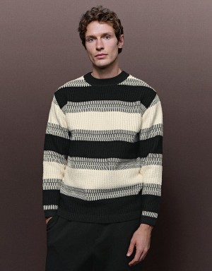 White Black Grey Men's Urban Revivo Crew Neck Striped Knitted Cardigan | KLQ9986HH