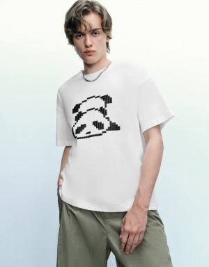 White Men's Urban Revivo Panda Printed Crew Neck T Shirts | PAU9369BD