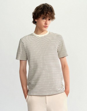 White Men's Urban Revivo Striped Crew Neck T Shirts | HMH3897IC