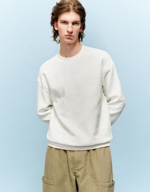 White Men's Urban Revivo Textured Crew Neck Sweatshirts | YDE366IU