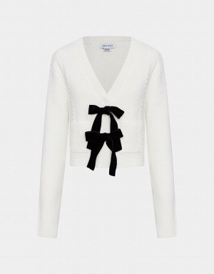 White Women's Urban Revivo Bow Tie Decor V-Neck Knitted Cardigan | NBH7180HH