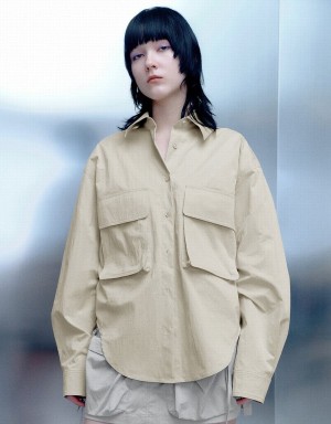 White Women's Urban Revivo Button Up Loose With Flap Pockets Shirts | YZZ8855VU