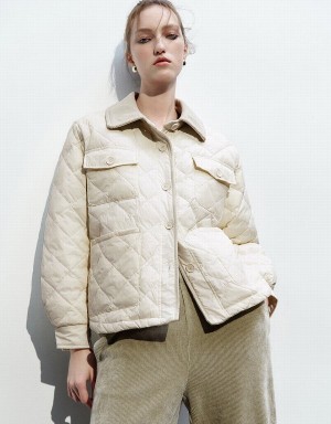 White Women's Urban Revivo Button Up Quilted Down Jackets | LJJ756TM