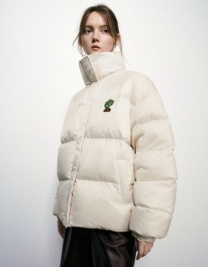 White Women's Urban Revivo Cactus Embossed Stand Collar Puffer Jacket | PAE631XB