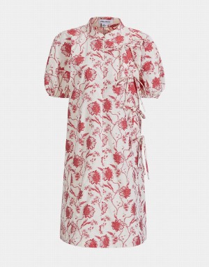 White Women's Urban Revivo Chinese Style Floral Print Puff Sleeve Dress | GKQ8935TZ