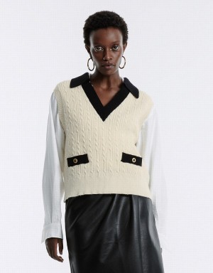 White Women's Urban Revivo Contrast Trim Sweaters | QZS8748ER