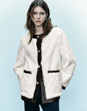 White Women's Urban Revivo Crew Neck Straight Furry Coats | BAI1550BK