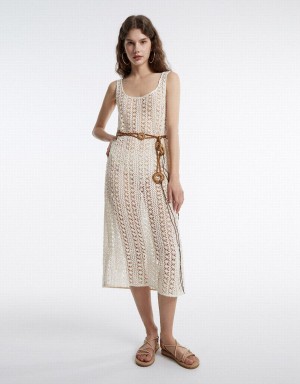 White Women's Urban Revivo Embroidered Knit Dress | EFP4543ZV