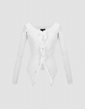 White Women's Urban Revivo Frill Trim Knitted Cardigan | GAM3045MR