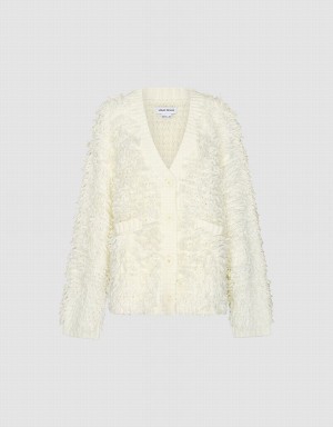 White Women's Urban Revivo Furry V-Neck Knitted Cardigan | OVH6492XO