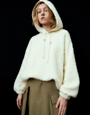 White Women's Urban Revivo Hooded Furry Knitted Jackets | ICC1429MX