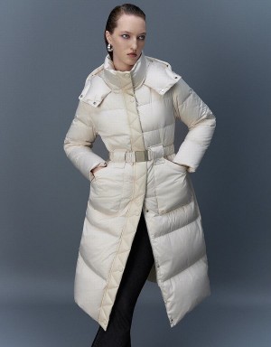 White Women's Urban Revivo Hooded Skater With Belt Down Jackets | MUP5145VI