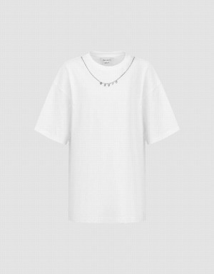 White Women's Urban Revivo Necklace Decor Crew Neck Loose T Shirts | GLY117EV