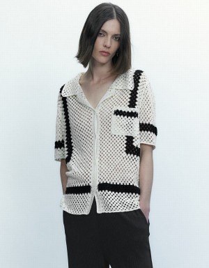 White Women's Urban Revivo Pointelle Lapel Knitted Cardigan | QZT5019DM