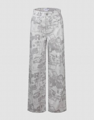 White Women's Urban Revivo Printed Wide-Leg Jeans | KZG9368TP