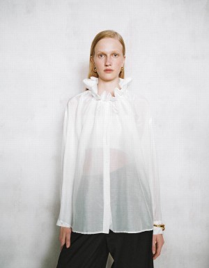 White Women's Urban Revivo Ruffle Lapel Shirts | JEF2865GT