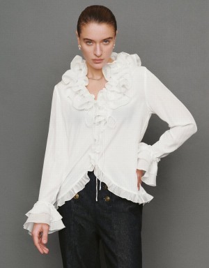 White Women's Urban Revivo Ruffle V-Neck Tie Front Blouse | TVK1390JP