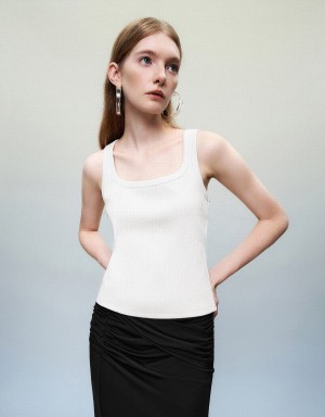 White Women's Urban Revivo Sleeveless Crew Neck Skinny T Shirts | NPB1966HM